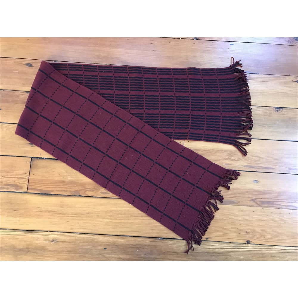 Johnston Murphy German Maroon Black Striped Fringe 100% Wool Knit Winter Scarf